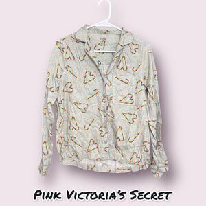 PINK Victoria’s Secret Grey Candy Cane Button-Up Pajama Shirt – Extra Small